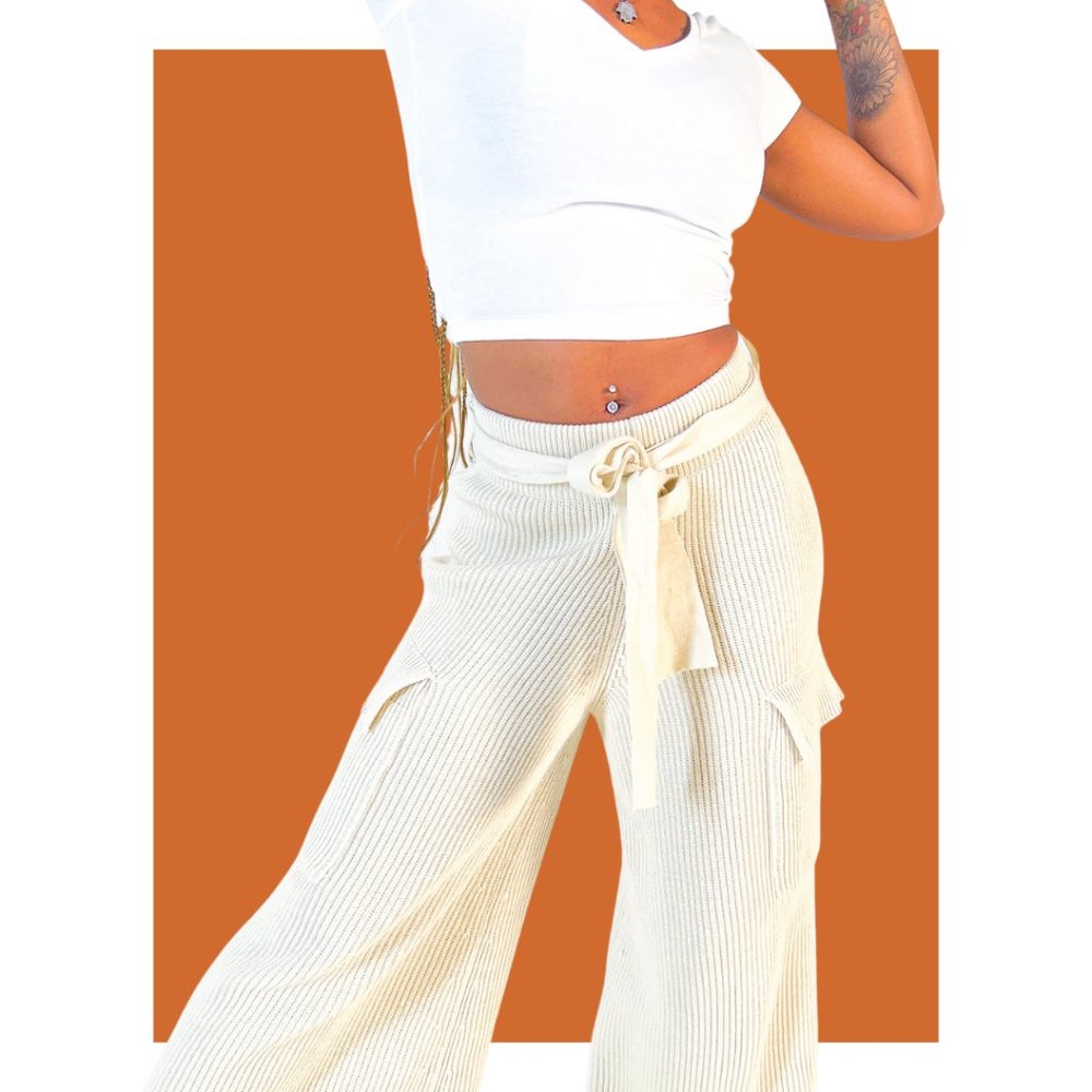 Ribbed Knit Wide Leg Utility Trousers